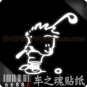 [6688R-油箱盖反光贴纸]打高尔夫球-动漫卡通人物-车尾小贴汽车贴