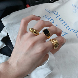 欧美个性金色光面螺纹戒指女韩版牛角包时尚冷淡风开口食指环