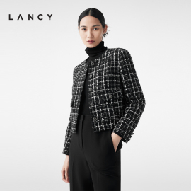 LANCY/朗姿2023秋冬羊毛小香风短外套女黑色格子毛呢高级气质