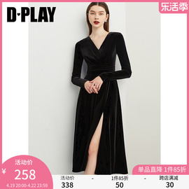 dplay秋装复古赫本风经典黑v领开衩丝绒连衣裙礼服裙小黑裙