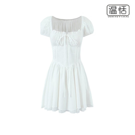 法式方领蕾丝花边拼接系带，连衣裙短袖收腰显瘦白色连衣裙