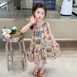 儿童卡通连衣裙2024夏季小童，挂脖无袖裙子女童洋气韩版公主裙
