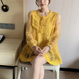 2023春季韩版女装宽松遮肚显瘦小衫a字型，网纱刺绣上衣气质蕾丝衫