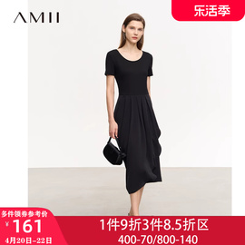 Amii2024夏季长裙短袖法式收腰花苞连身裙子V领雪纺连衣裙