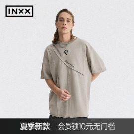 INXXAPYD 美式小众短袖T恤男不规则拼接搭缝毛边五分袖上衣