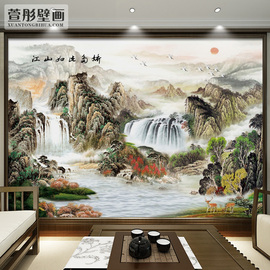 办公室会议厅背景壁画，旭日东升聚宝盆山水画客厅，装饰墙纸壁纸墙布