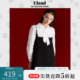 Eland衣恋连衣裙拼接假两件中长款修身学院风毛呢裙秋冬款