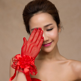 新娘手套红色短款婚纱礼服旗袍配件敬酒服网纱韩式甜美结婚花朵