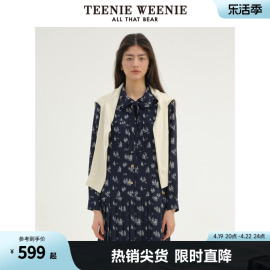 TeenieWeenie小熊2024年柔软雪纺百褶满印衬衫连衣裙气质长裙宽松