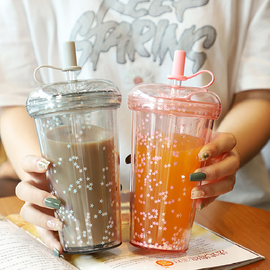 小仙女学生大容量吸管杯大人双层塑料水杯高颜值网红果汁杯奶茶杯