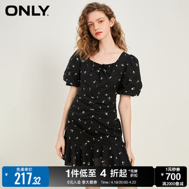 only夏季法式方领收腰显瘦碎花黑色，连衣裙女123107011