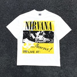 Nirvana乐队柯本巡演 Kurt Cobain 白墨喷印做旧水洗Vintage短袖