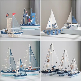 地中海风格创意家居，装饰摆设木质帆船，模型小摆件手工艺木船小船