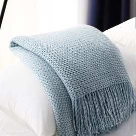 北欧b风针织毯长版床尾巾沙发，装饰毯简约风天蓝色
