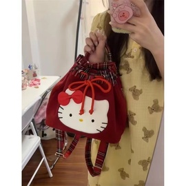 日系可爱Hello kitty复古红格子毛绒双肩包学院风超圣诞小背包女