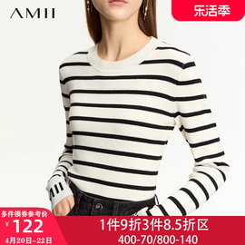 amii黑白条纹毛衣女(毛，衣女)2024春季修身内搭针织打底衫长袖羊毛上衣