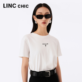 lincchic金羽杰2023秋季精致字母，印花黑白透气圆领短袖t恤女