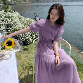 Ocnltiy｜气质显瘦~优雅泡泡袖裙子女夏季2024紫罗兰色连衣裙