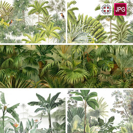 手绘中世纪复古热带雨林棕榈树林墙纸背景墙高清背景图片设计素材