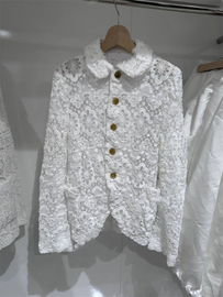镂空夹克上衣法式2023夏季重工，蕾丝花朵刺绣，白色西装外套女