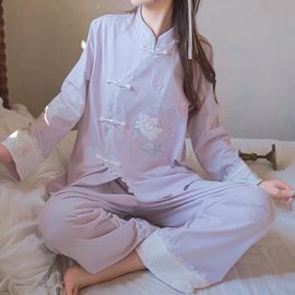 新中式国风盘扣月兔刺绣汉服睡衣女春季开衫纯棉家居服套装