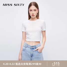 Miss Sixty白色T恤女圆领重工提花泡泡纱短袖短款上衣休闲气质