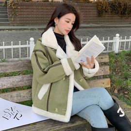 鹿皮绒加厚羊羔毛外套女工装棉服2023冬季皮毛一体加绒机车服