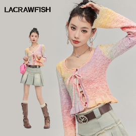 lacrawfish多巴胺彩虹渐变针织，开衫镂空钩花波浪边喇叭，袖上衣女