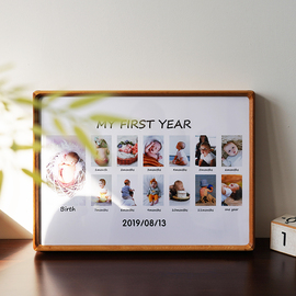 宝宝1周岁相框摆台12个月，照片定制高级感儿童九宫格相片实木挂墙