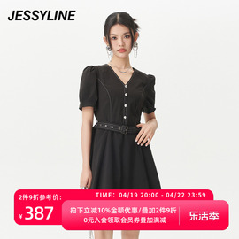 jessyline夏季女装 杰茜莱黑色v领收腰连衣裙 325111368