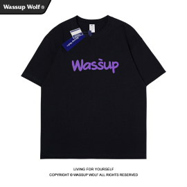 wassupwolf美式潮牌字母logo短袖，t恤男夏季宽松情侣上衣体恤半袖