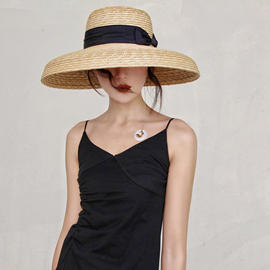 欧美风格女夏天法式复古赫本优雅麦秆大檐钟型草帽遮阳度假沙滩帽