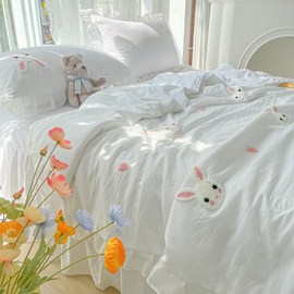 2024小兔子三四件套床裙被套床单床罩纯色水洗棉春夏床上用品