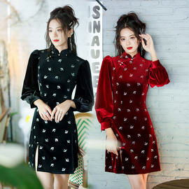 新中式改良短款黑色丝绒旗袍裙小个子，秋冬灯笼长袖，年轻款气质高端