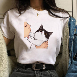 cutecattshirts可爱卡通小猫打底衫欧美潮流bf风白t短袖女