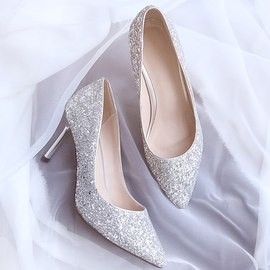 2021冬季高跟鞋结婚鞋子新娘鞋亮片水晶鞋细跟婚鞋女银色伴娘
