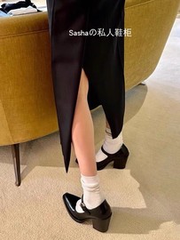 欧美高跟鞋女2024年春夏黑色粗跟单鞋法式复古玛丽珍小皮鞋女