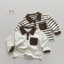 日韩系童装儿童个性撞色翻领条纹长袖T恤打底衫 男女宝宝POLO衫秋
