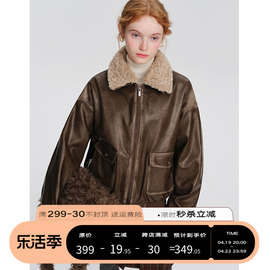 designerplus美式复古皮衣外套女黑色，羊羔毛领夹克加厚机车棉服