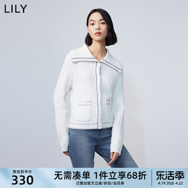 LILY2024春女装含绵羊毛复古大翻领气质通勤修身白色针织开衫