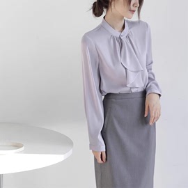 2024春秋法式紫色高级感长袖雪纺衬衫女立领飘带职业通勤上衣
