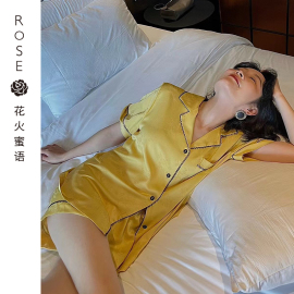 夏季短袖短袖睡衣家居服套装翻领纽扣冰丝提花家居服套装薄款女