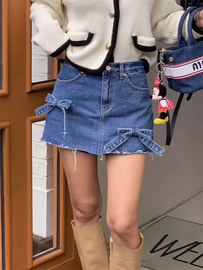 韩国chic夏季小众，设计高腰显瘦蝴蝶结毛边水洗，牛仔裤裙短裤女