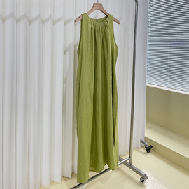 立裁工艺亚麻无袖连衣裙女夏季牛油果，绿色法式中长款度假背心裙子