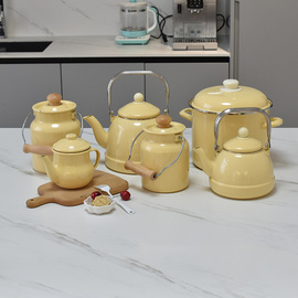 木易食堂 小清新奶黄纯色系列茶壶珐琅搪瓷水壶储物桶夏季NEW