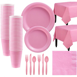 粉色餐具套装一次性塑料盘子杯子叉勺生日派对装饰20人份餐盘