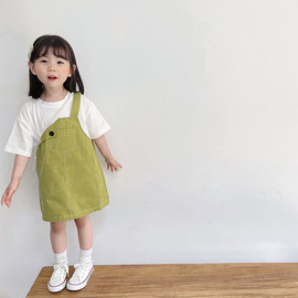 女童短袖假两件背带连衣裙，2022夏季儿童宝宝，洋气韩版宽松t恤裙子