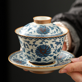 盖碗茶杯元青花三才茶碗，高档单个带盖功夫茶具，家用中式大号泡茶碗