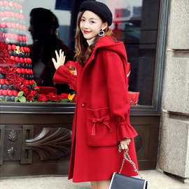 红色毛呢大衣2023年女中长款韩版宽松呢子高定小香风冬季外套