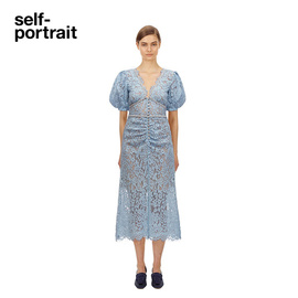 self-portrait水溶蕾丝蓝色夏季泡泡，袖中长裙连衣裙